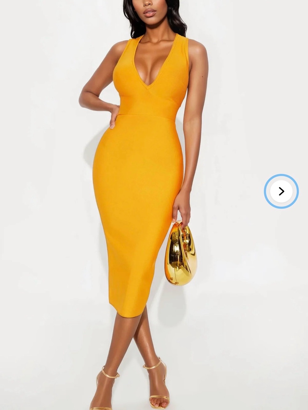 Fashion Nova Sleeveless V-Neck Midi Dress in Yellow-Orange